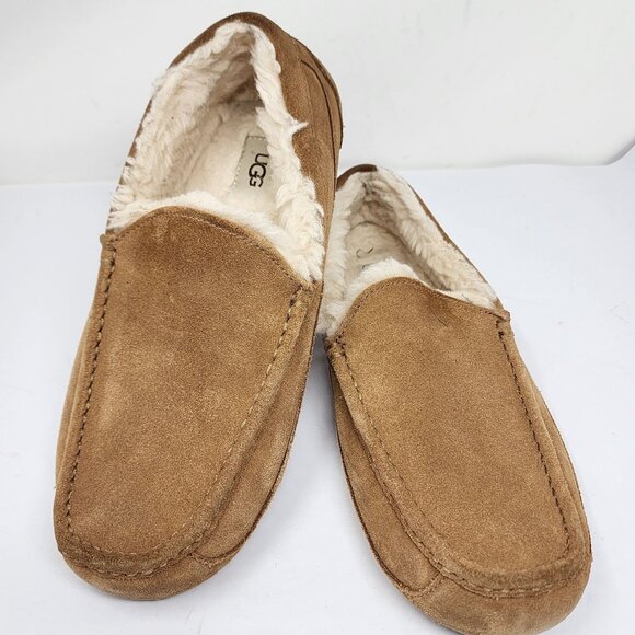 UGG Ascot Mens Size 9 Tan Suede Sheepskin Lined Moccasin Slippers - Picture 5 of 8